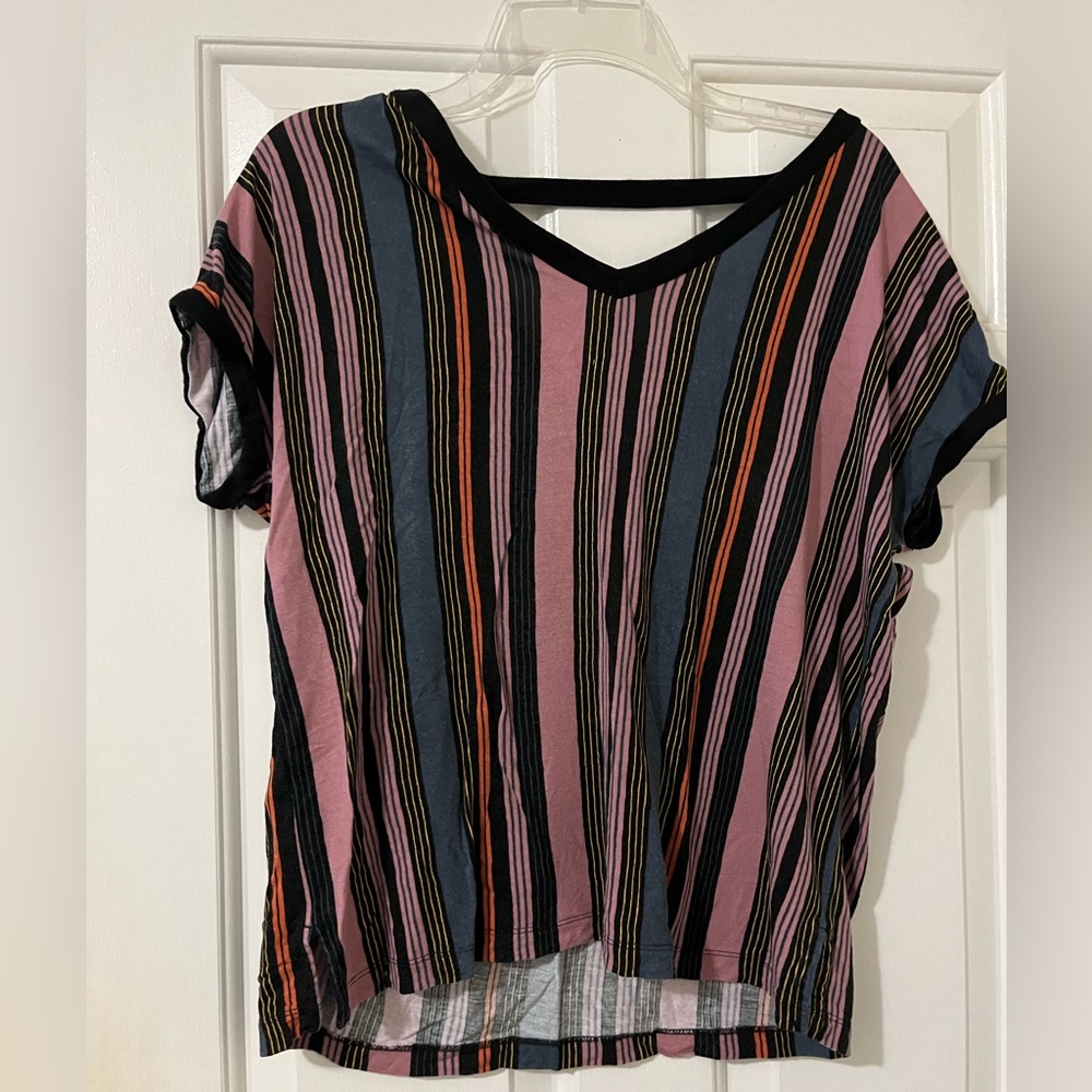 Women’s short sleeve multi color striped shirt sleeve blouse
